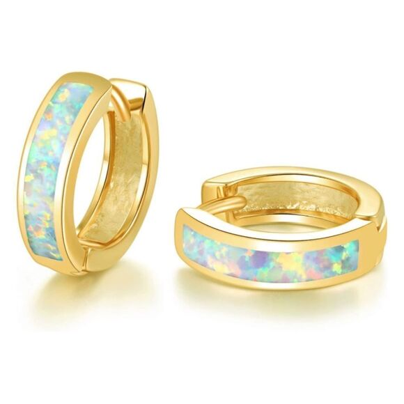 14K Yellow Gold with Genuine White Fire Opal Huggie Hoop Snap Hinge Earrings - Picture 1 of 5